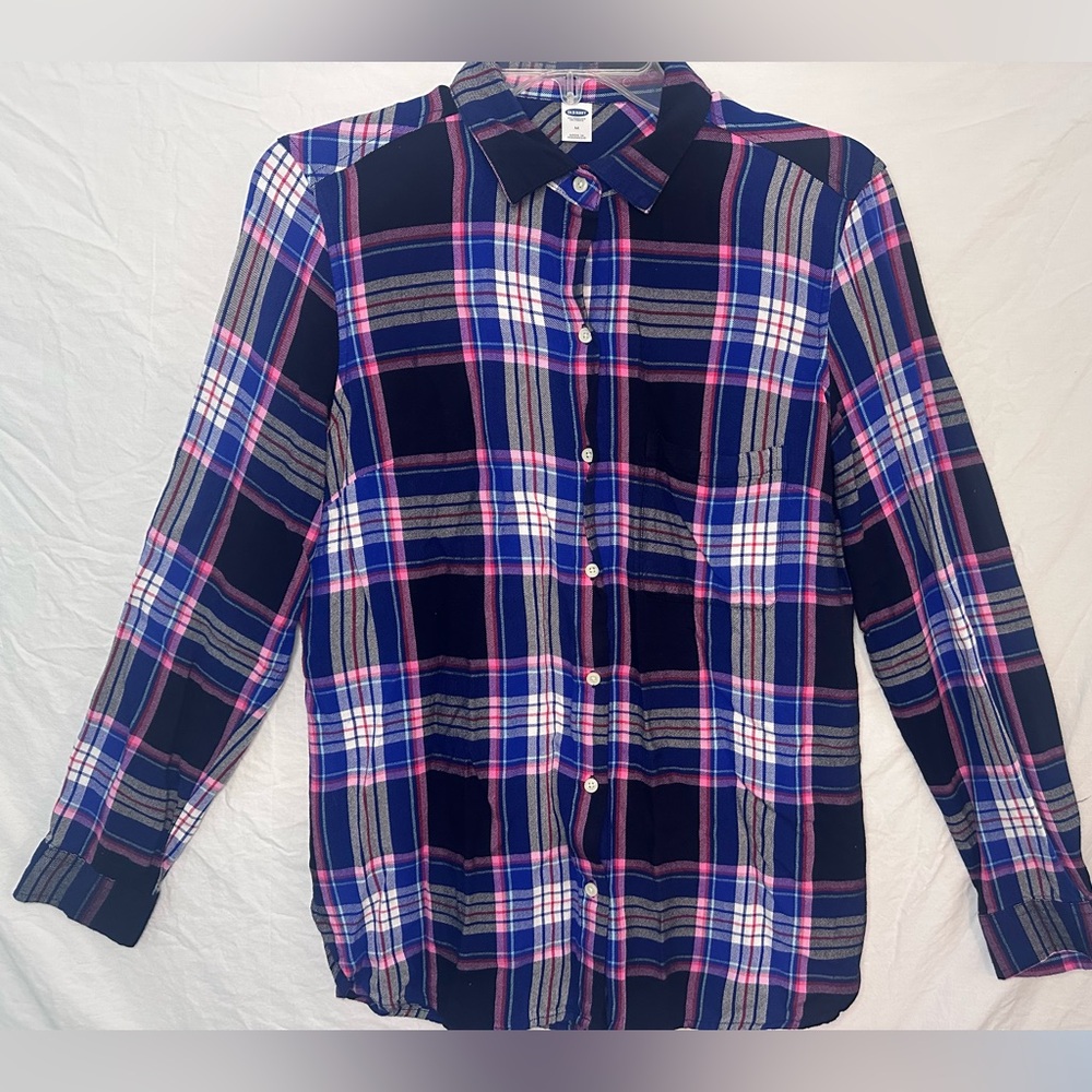 Old Navy Navy Blue Pink Plaid Button Down Shirt Medium M